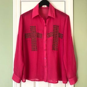Tobi Cross Studded Sheer Pink Button Down Blouse